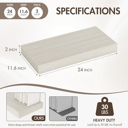 Acovy 24 Inch Floating Shelves, 12" Deep Floating Shelf Wall Mounted, 24" Wall Shelves, Rustic Deep Bookshelf, Extra Deeper & Thicker Display Shelves for Bedroom, Living Room, Gray, Set of 2 - color: Grey, size: 12"Wx24"L-2pcs