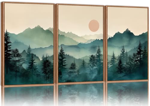 SIGNINART Large Boho Mountain Framed Canvas Wall Art Set, Nature Pine Tree Wall Painting, Abstract Foggy Forest Wall Decor, Modern Sunrise Art Prints for Bedroom Living Room and Office - 24"x36"x3 - color: Large Boho Mountain, size: 36"L x 24"W