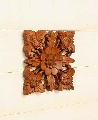 G6 Collection 8" Wooden Hand Carved Wall Art Relief Panel Handcrafted Wall Plaque Gift Decorative Home Decor Accent Handmade Wood Decoration Artwork Floral (Lotus Blossom)
