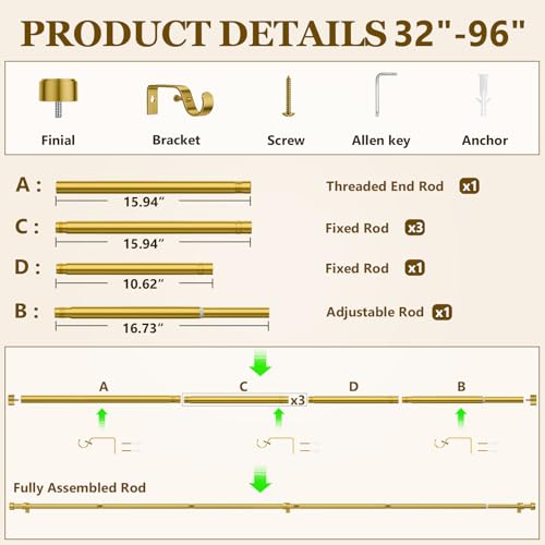 2 Pack Curtain Rods for Windows 32-96 Inch, 1 Inch Adjustable Flash Gold Curtain Rod Set with Brackets, Easy Install - color: Flash Gold, size: 32"-96"/2 Pack