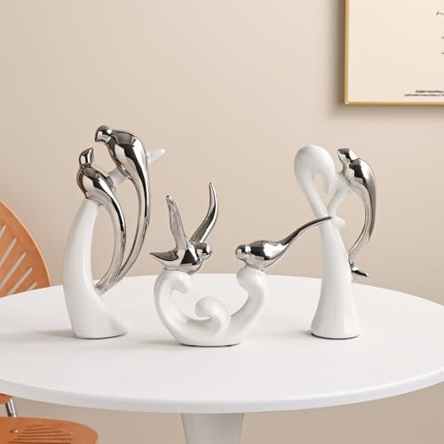 Ceramic Statues Set of 3, Birds and Base Sculpture Modern Home Decor - color: White and Silver