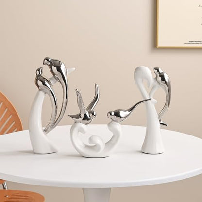Ceramic Statues Set of 3, Birds and Base Sculpture Modern Home Decor - color: White and Silver