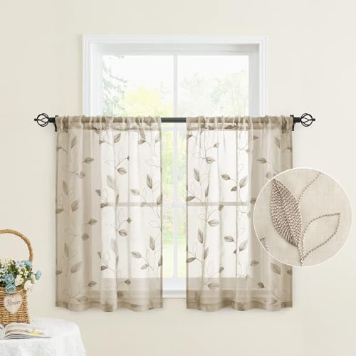HOMEIDEAS Taupe Kitchen Sheer Tier Curtains Leaf Embroidered, 30x36 - color: 2-taupe/Beige, size: 30"W x 36"L (Pack of 2)