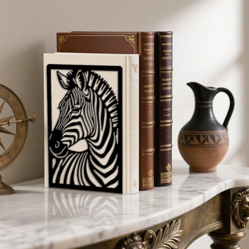 Peacoblue 5.3"x4.3"x7.9" Metal Bookends, Heavy Duty Book Ends for Shelves - style: Zebra