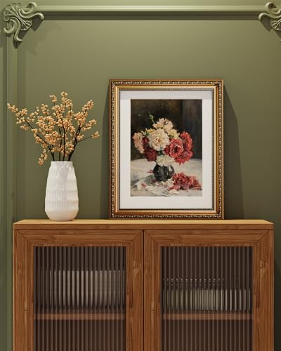 ARPEOTCY Vintage Gold Framed Wall Art Decor, Vintage Retro Vase Roses Paintings Ktichen Decor, Canvas Prints Floral Pictures, Antique Bedroom Country Picture Wall Art 13x16 Inch - color: A bouquet of roses in a vase, size: 16"L x 13"W