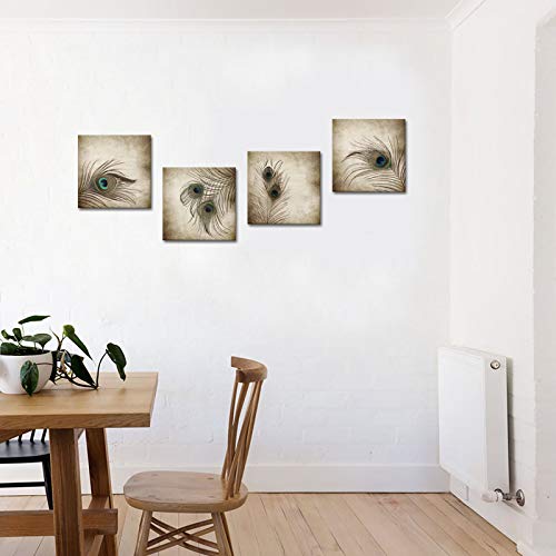 KLVOS 4 Panel Canvas Wall Art Vintage Style Peacock Feathers Picture Giclee Print Animal Artwork for Bathroom Living Room Home Art Ready to Hang