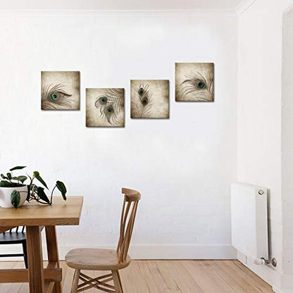 KLVOS 4 Panel Canvas Wall Art Vintage Style Peacock Feathers Picture Giclee Print Animal Artwork for Bathroom Living Room Home Art Ready to Hang