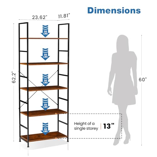 DUMOS 5 Tiers Bookshelf, Classical Modern Book Shelf Bookcase - color: Brown, size: 5 Tier＆Open