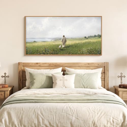 HLNIUC Jesus Lamb Framed Canvas Wall Art,Christian Wildflower Bible Horizontal Wall Decor,Vintage Religion Scripture Artwork(40x20),Large Nature Meadow Landscape Prints for Living Room,Bedroom,Office - color: Jesus Sheep, size: 40"L x 20"W