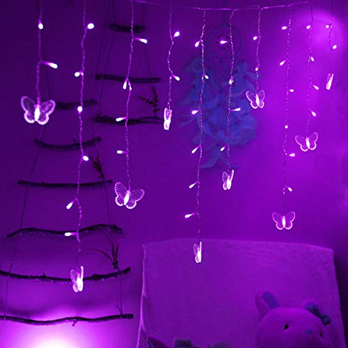 Butterfly Curtain Lights, 13ft 96 LED USB Window Fairy Lights 16 Butterflies 8 Modes Firefly Twinkle Timer String Lights with Remote for Room Bedroom Wall Ceiling Party Wedding Christmas - color: Purple, size: 13ft