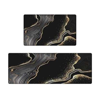 Kitchen Mats Set of 2, Cushioned Anti Fatigue Non Slip Waterproof Runner, Black and Gold Marble Design, PVC Memory Foam, 17.3"x47" and 17.3"x29" Rectangle Rugs for Kitchen Sink and Laundry - color: Black Marble 4