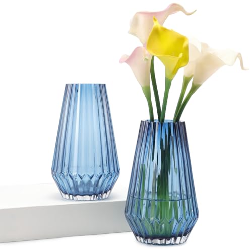 2PACK Glass Flower Vases(Flowers NOT Included),High Diamond Pattern Vases,Large Vases for Flowers,Vintage Vases for Centrepieces,Wedding Decorations,Home Table Flower Decorations - color: Blue
