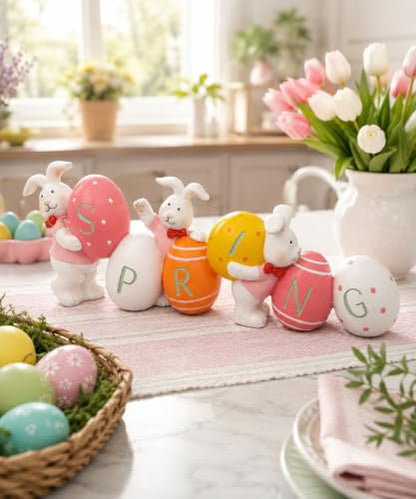 Easter Bunny with Egg Figurines, Rabbit Egg Statues, Spring Home Decorations, Easter Theme, Bookshelf Mantle Decor