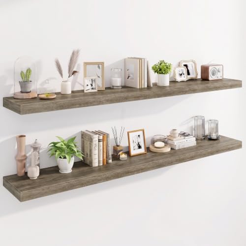 Marsmiles 72" Floating Shelves for Wall, Wooden Shelves with Invisible Brackets Set of 2, Rustic Farmhouse Wall Mounted Shelf for Kitchen Bathroom Living Room Study, Grey - color: Grey, size: 72"