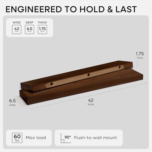 Homeforia 42 Inch Floating Shelves, High-End Solid Pine Wood, Set of 2 - color: American Walnut - Satin Dark Tone, size: 42 inch
