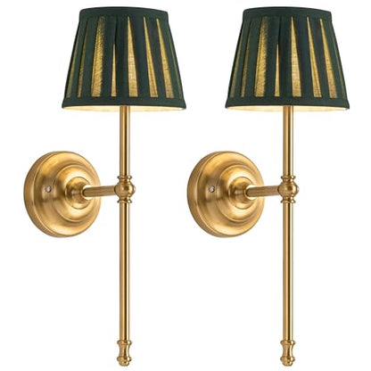 KDG Gold Cordless Wall Sconces Set of 2, Green Fabric LED Wall Lamps - color: Gold + Green Lampshde (2 Pack)
