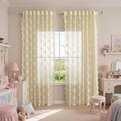 MEETSKY Lace Sheer Curtains 96 Inch Length Cream Floral Sheer Curtain - color: Light Yellow, size: 50"W x 96"L (Pack of 2)