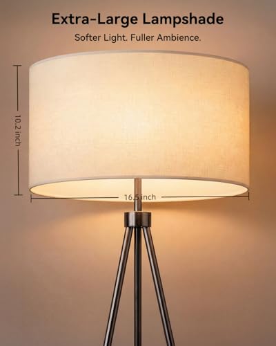 JOOFO Modern Metal Tripod Floor Lamp with Remote, 16.5" Linen Shade - color: Brushed Black