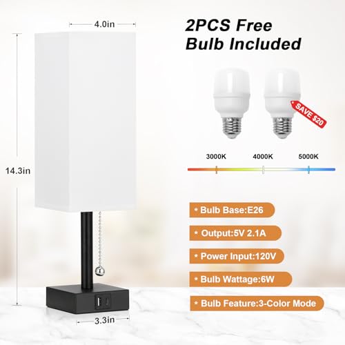 Set of 2 White Bedside Table Lamps for Bedroom - Nightstand Lamp, USB C+A - color: White & Black (2PCS), size: 14.3in