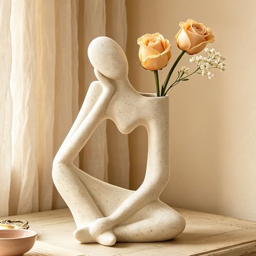 Arawat White Thinker Ceramic Flower Vase for Home Decor Modern Cute Boho Vases for Table Room Decor Unique Aesthetic Vase Ceramic Decorative Vases for Centerpieces Birthday Gifts for Women Men - color: # B Beige Ceramic Flower Vase for Room Decor