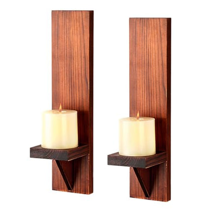 OwnMy 2PCS Wood Wall Candle Sconces Rustic Wall Mount Pillar Candle Sconces - color: Brown