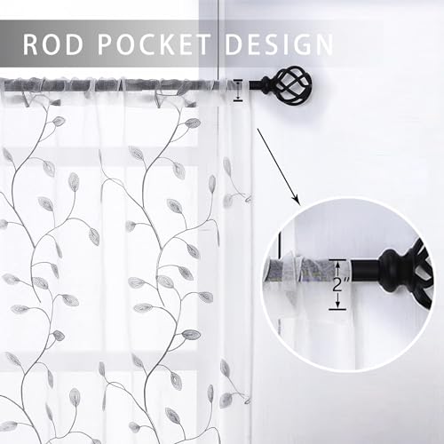 MRTREES Sheer Voile Curtain Valances 2 Panels, Leaves Embroidered Valance Curtains Rod Pocket, Small Sheer Window Curtains Treatment for Bedroom/Living Room/Kitchen/Basement(Grey Leaves, 54x16 Inches) - color: Leaves-grey