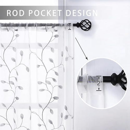 MRTREES Sheer Voile Curtain Valances 2 Panels, Leaves Embroidered Valance Curtains Rod Pocket, Small Sheer Window Curtains Treatment for Bedroom/Living Room/Kitchen/Basement(Grey Leaves, 54x16 Inches) - color: Leaves-grey