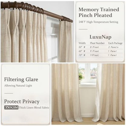 Natural 70 Inch Extra Wide Pleated Linen Semi Sheer Curtains 90 Inches Long - color: Natural, size: 70"W x 90"L (Pack of 1)