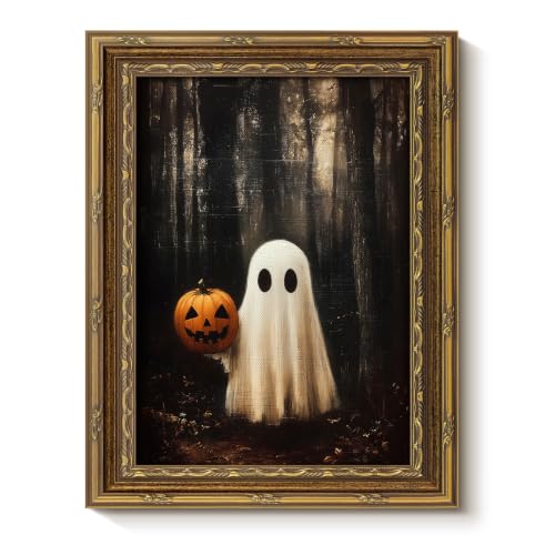 VIYYIEA Gold Framed Pumpkin Ghost Canvas Art, Gothic Halloween, 8x10in - color: Ghost Pumpkin Art, size: 10"L x 8"W