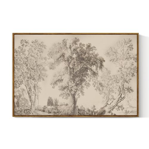 VIYYIEA Large Framed Canvas Wall Art, 24x36 Inch Vintage Tree Sketch Landscape Art Print, Neutral Nature Wall Decor for Living Room Bedroom Office - color: Three Trees Artwork, size: 36"L x 24"W