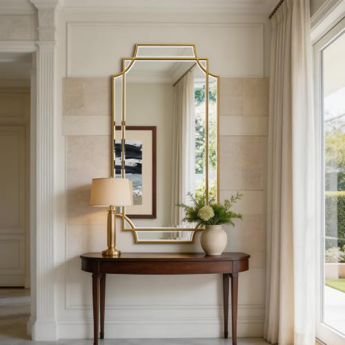 47"x24" Large Gold Rectangle Beveled Mirror with Geometric Frame - color: Gold, size: 47"L x 24"W