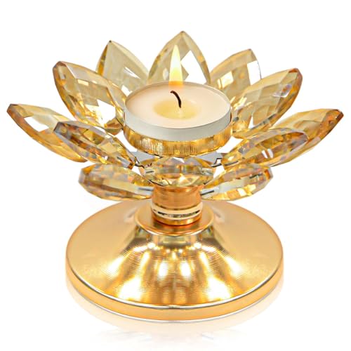 1 PC Gold Crystal Flower Tea Light Holder, Glass Tealight Candlestick with Metal Base, Votive Candle for Table Centerpiece, Wedding/Parties Decor, Nice Gift - color: Gold