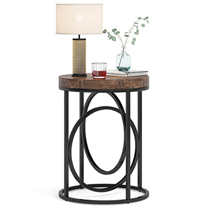 LITTLE TREE 20” Round End Table with Thick Wood Top，Modern Sofa Side Table with Gold O-Shaped Base, Midcentury Accent Table Cocktail Table Nightstand for Living Room Bedroom - color: Rustic Brown+black