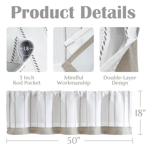 jinchan Stripe Linen Window Valance Curtain, 50x16, 1 Panel, Grey - color: Nautical Striped Grey on White, size: 50"W x 16"L (Pack of 1)