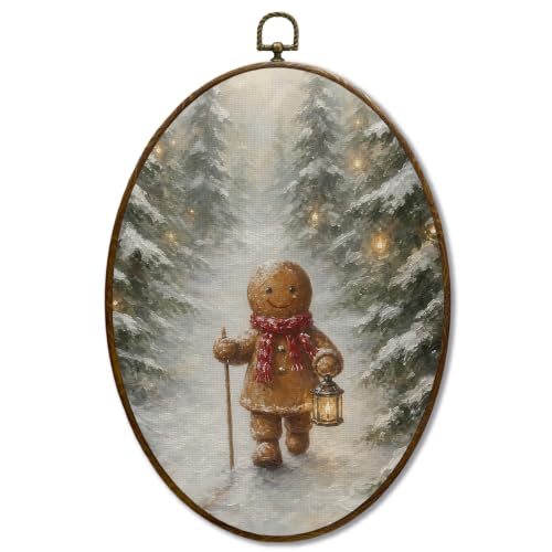 JQF Winter Forest Gingerbread Christmas Oval Wall Decor Framed 8.5x11.5Inch - color: Gingerbread-3