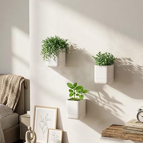 Phoenix Vine 3.5 Inch Wall Mounted Self-Watering Planter Pot for Indoor Houseplants and Herbs | Hanging Planter for Window Sills, Bathroom Walls, Home & Office Décor, Oatmeal, Set of 3, 01-A-G-3 - color: Oatmeal, size: 3.5" (3 Pack)