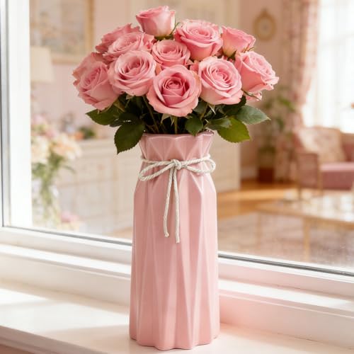 Disoza Ceramic Flower 9.5" H x 3.9" W Pink Vase Modern Home Decor Vases for Centerpieces Minimalist Farmhouse Cute Decorative Vases Flowers Tulip Pampas Grass Vase for Table Bathroom Shelf - color: #B 9.5" Pink Tall Vase