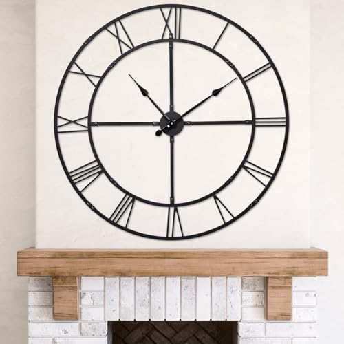 40 Inch Large Silent Wall Clock, Easy Assembly Roman Numeral Black - color: Black Metal Wall Clock, size: 40inch