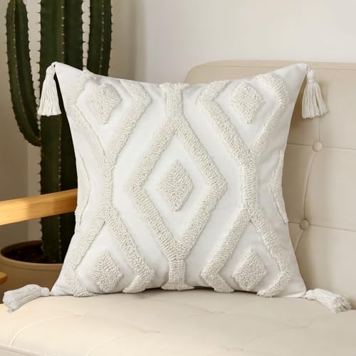 Boho Tufted Throw Pillow Covers 18x18 Inch with Tassels, White - color: Ivory Geo Tufted
