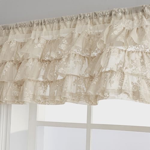 Kotile Beige Lace Ruffle Valance for Windows W52 x L18 Inch, 1 Panel - color: Beige - Ruffle Lace