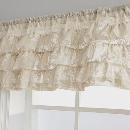 Kotile Beige Lace Ruffle Valance for Windows W52 x L18 Inch, 1 Panel - color: Beige - Ruffle Lace