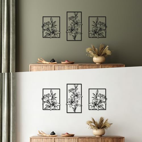 Set of 3 Lily Black Metal Wall Art Line Art Living Room Bathroom Home Decor | 3-Piece Matte Black Lily Metal Wall Sculpture, Floral Line Decor for Living Room Bedroom Bathroom, Ideal All-Occasion Gift