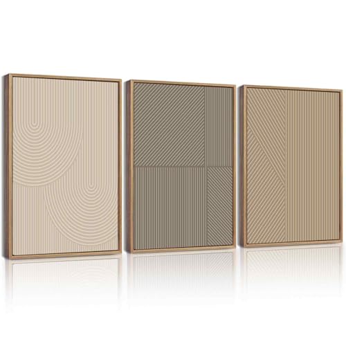 KUVIOKE Minimalist Abstract Bohemian Framed Wall Art Modern Boho Neutral Line Wall Decor Geometric Artwork Bedroom Dining Room 12x16in (Natural Framed) - color: Mid Century, size: 12 x 16in x 3 Panels Natural