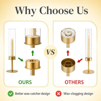 Hewory Gold Candlestick Holders: 6PCS Glass Hurricane with Brass Base - color: Matte Gold, size: 6pcs