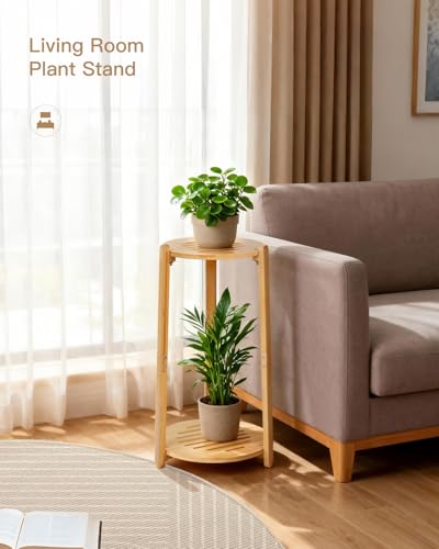 2 Tier Round Bamboo Plant Stands Shelf Indoor Wooden Corner