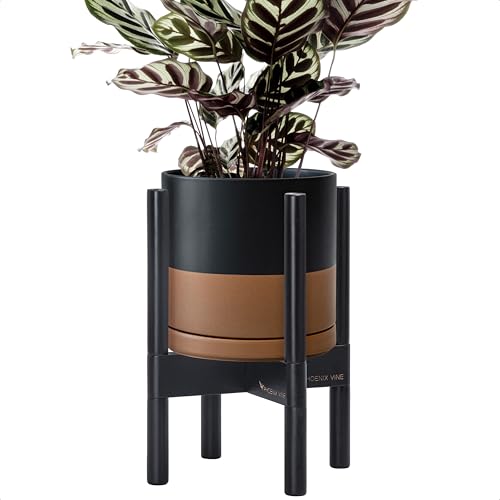 D'vine Dev Ceramic Pot with Ebony Wood Stand, Black/Tan, 8 in, 55-B-M-7 - color: Black/Speckled Tan Pot + Ebony Stand, size: 8 Inch