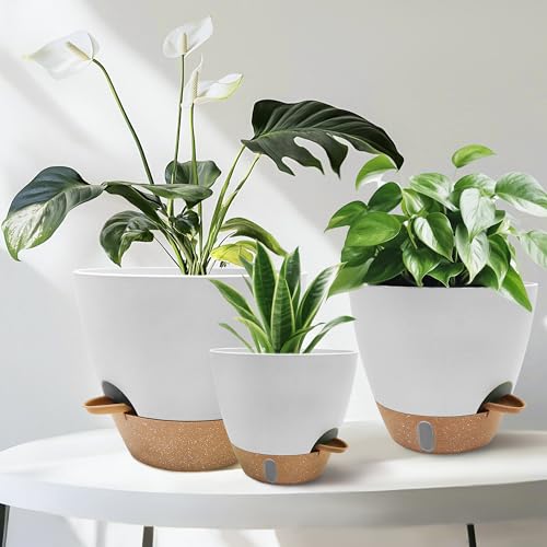 12/10/9/8 inch Self Watering Pots with Visual Water Window, Extra Large Self Watering Plant Pot with Drainage Holes and Saucers, White Flower Pots for Indoor Plants - color: White