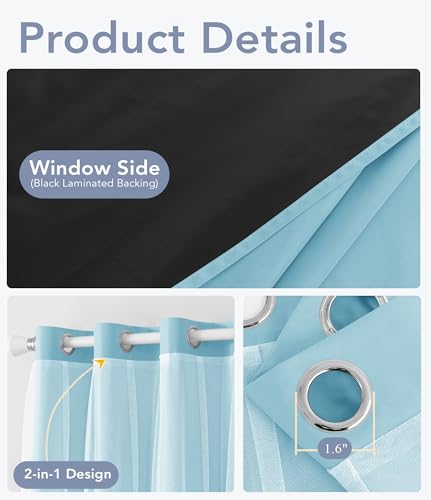 100% Blackout Curtains with Sheer Overlay, Blue, 52 x 63 inch, 2 Panels - color: Light Blue, size: 52"W x 63"L (Pack of 2)