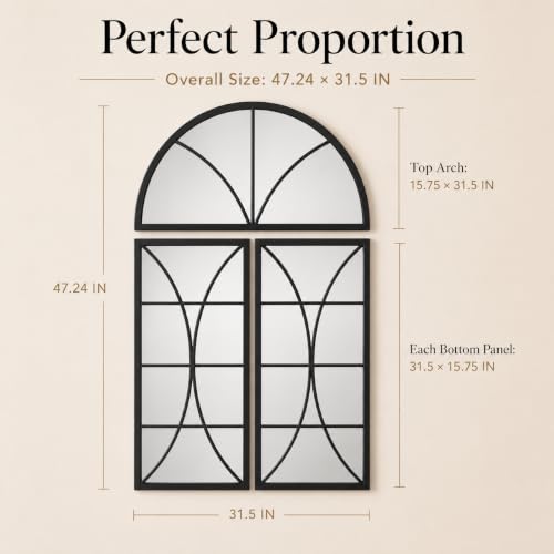 Large Black Arched Mirror, 47.24x31.5 in, 3-Piece Window Pane Design - color: Matte Black, size: 47.2"L x 31.5"W