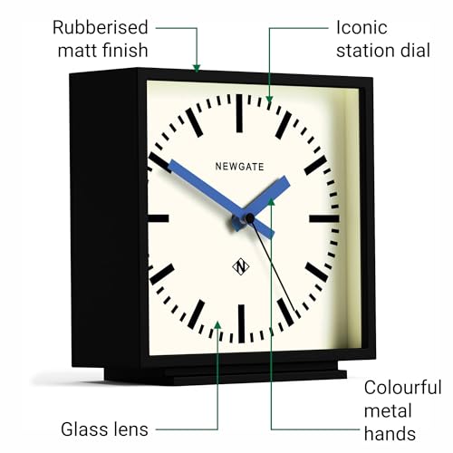 NEWGATE® Amp Desk Clock | Square Station Clock Design | Black case with Blue Hands | Modern Style for Desk, Table top, Mantel, Shelf or Bedside - color: Matt Black Case With Cream Dial (Blue)